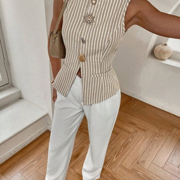 Multicolor Casual Women's Striped Front Button Tank Top - Picture 6 of 8